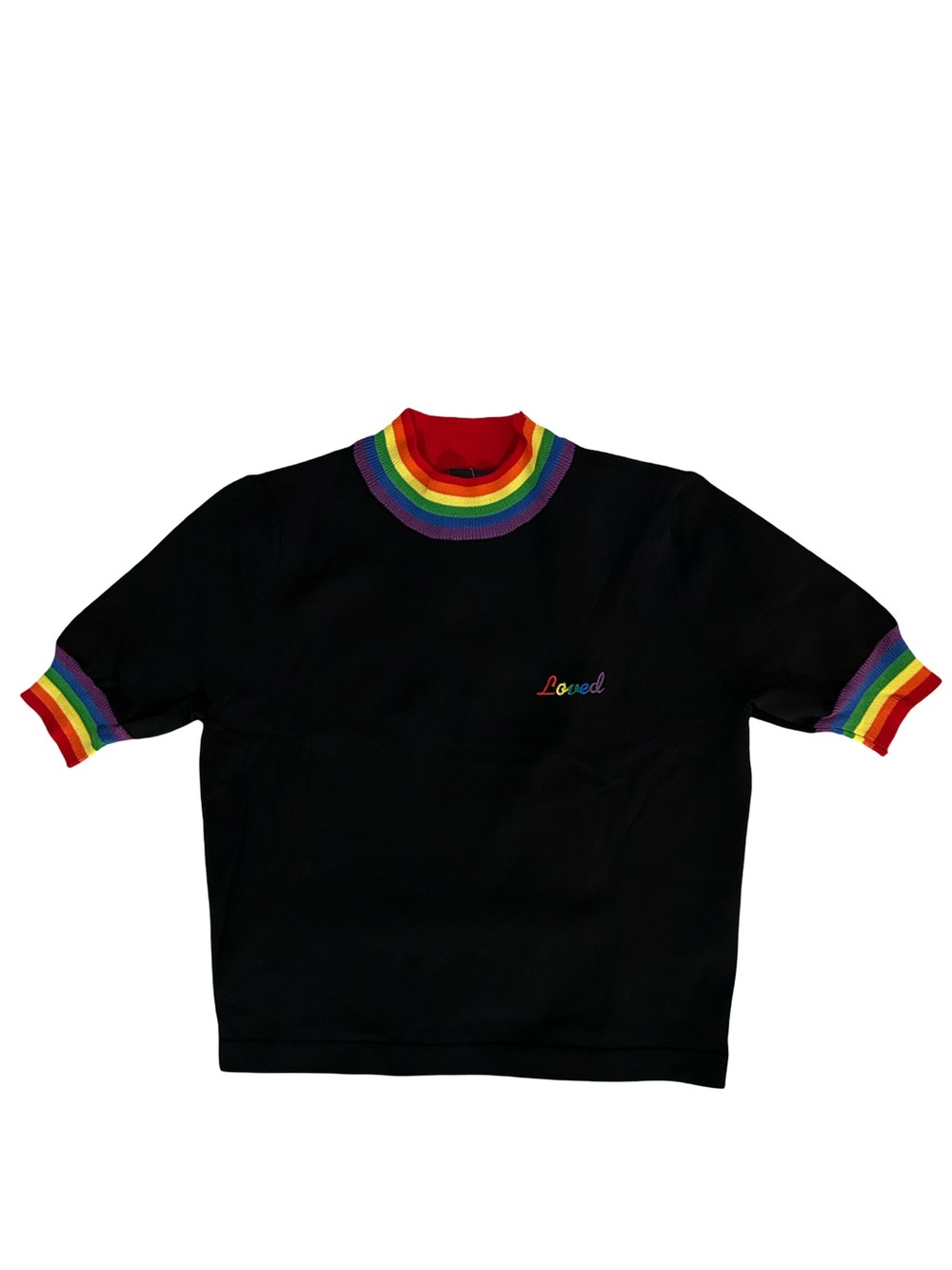 BRAND NEW! Nasty Gal Black Tee with Rainbow Trim embroidered “Loved”